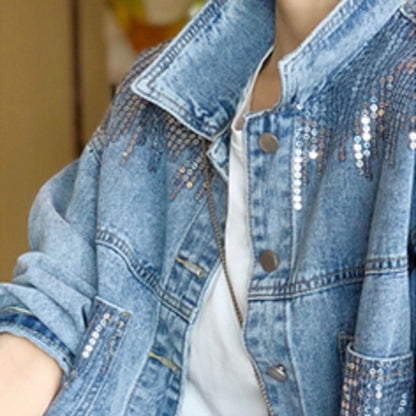 Blue Short Sequin Pocket Denim Jacket Women's Casual Denim Spring Autumn New Loose Fashion Jeans Jacket Women Long Sleeve Coat