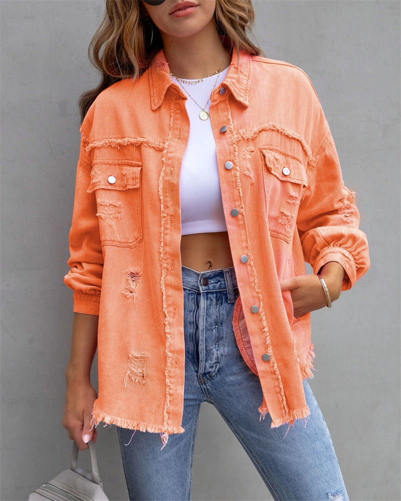 2023 Holes Raw-edges Denim Jacket Women Spring Autumn Shirt Style Jeancoat Casual Top Rose-Red Orange Purple Outerwear Lady Coat