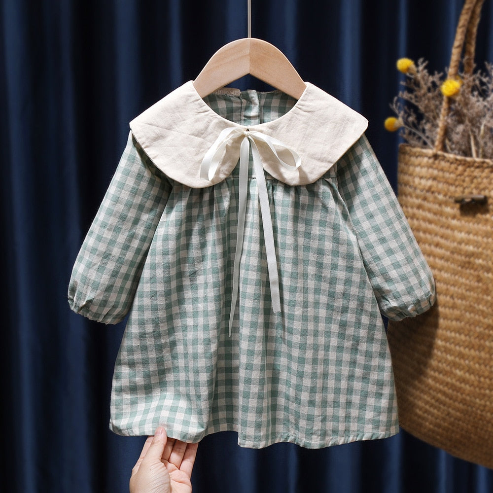 Baby Girls Dress Casual Plaid Clothes Summer 2022 New Korean Cotton Linen Girls Princess Dress Big Turn Down Collar Dress