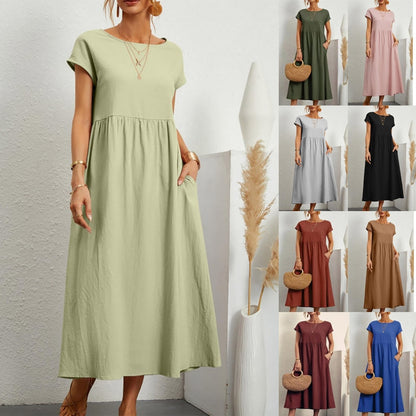 Harajuku Solid Long Dress Women Summer Casual Short Sleeve O Neck Loose Sundress 2023 Y2K Cotton and Linen Robe Dresses Clothes