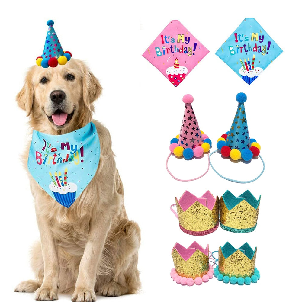 Pet Dogs Caps Dog Bandana Crown Hats with Rope Cute Cat Dog Birthday Costume Christmas New Year Decoration Pets Accessories