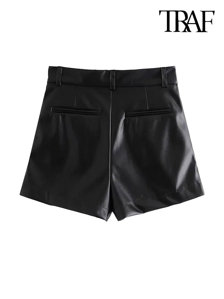 TRAF Women Chic Fashion Side Pockets Faux Leather Shorts Vintage High Waist Zipper Fly Female Short Pants Mujer