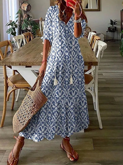 Boho Maxi Dress Women Summer 2023 V Neck Loose Long Dresses Geometric Print Vintage Holiday Beach Casual Tie Up Female Vestidos