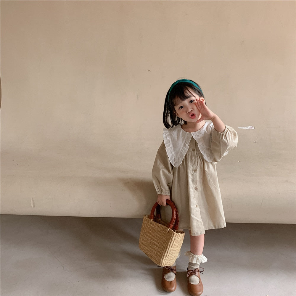 Baby Girls Dress Casual Plaid Clothes Summer 2022 New Korean Cotton Linen Girls Princess Dress Big Turn Down Collar Dress