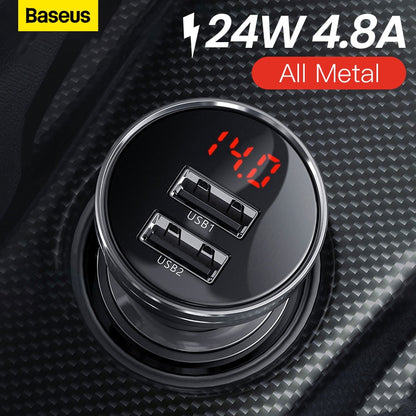 Baseus 24W USB Car Charger for Phone 4.8A Fast Mobile Phone Charger Adapter for iPhone Xiaomi with LED Display Car Phone Charger
