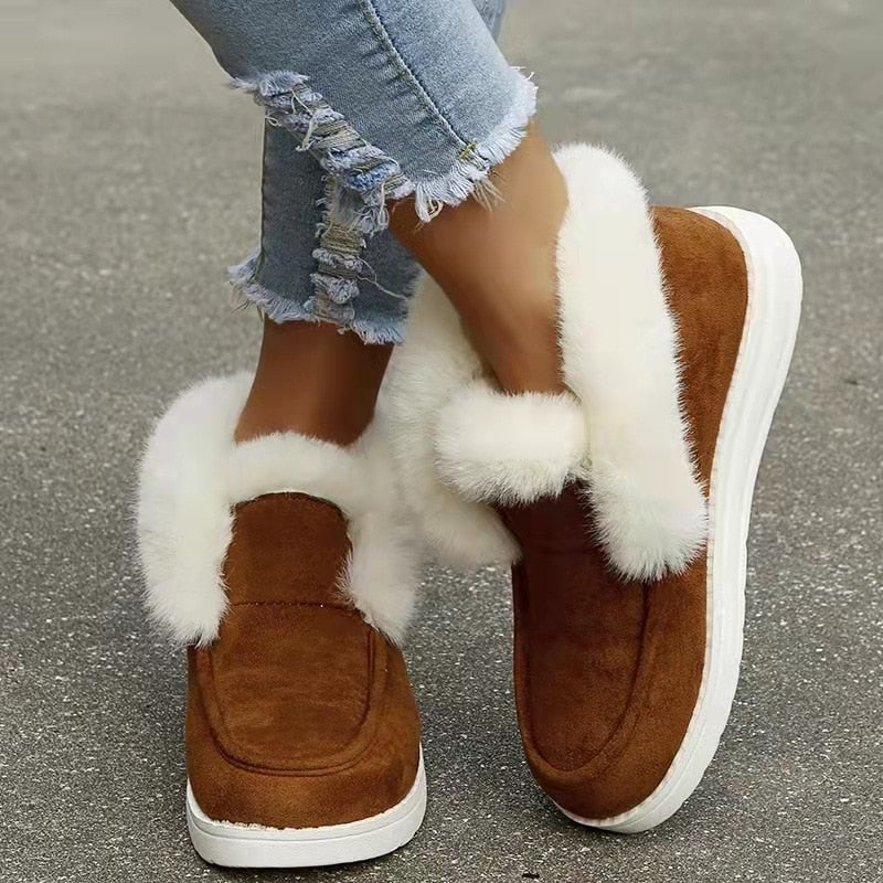 2023 Ladies Ankle Boots Women Winter Warm Plush Fur Snow Boots Suede Leather Shoes Ladies Slip on Comfortable Female Footwear