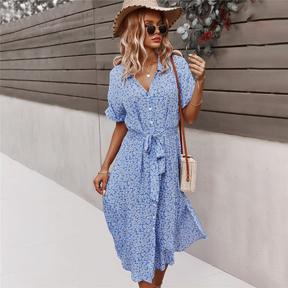 2022 Women Floral Dress Summer Casual Short Sleeve Button Holiday Midi Dresses Female V-Neck Beach Boho Chic Dress Elegant Robe