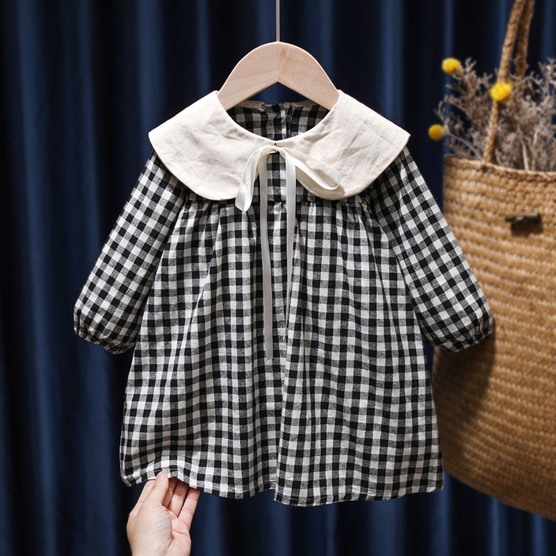 Baby Girls Dress Casual Plaid Clothes Summer 2022 New Korean Cotton Linen Girls Princess Dress Big Turn Down Collar Dress