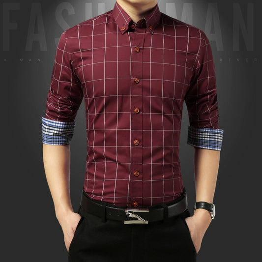 Korean-Style Shirt Men's Slim Fit Plaid Shirt Men's Long-Sleeved Shirt Business Casual Party Formal Dress For Job Interview