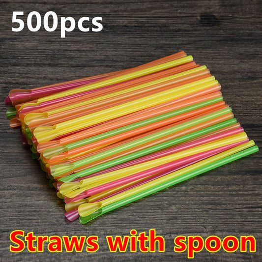 500Pcs plastic Straws Drinking Straw Spoon Bar Pub Slush Straw For Birthday Celebration Party Supplies New Fast Delivery