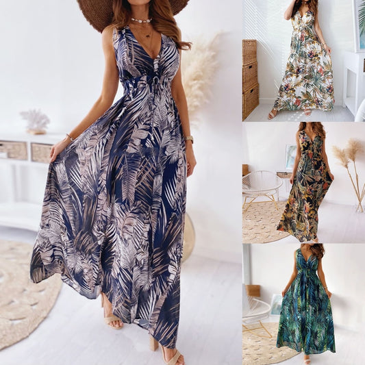 Women Deep V Neck Print Maxi Dress Vintage Boho Lace-Up Backless A-Line Long Dresses Sexy Sleeveless Beach Party Dress Vestidos