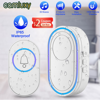 Camluxy Wireless Doorbell 39 Music LED Flash Security Alarm Outdoor IP65 Waterproof Smart Home Intelligent Door Bell Chime Kit