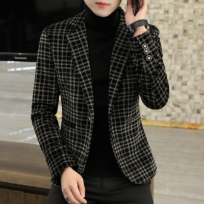 Men&#39;s Blazer Autumn Winter New Crystal Velvet Thickened Suit Jacket Men&#39;s Young Handsome Plaid Coat Business Casual Men Clothing