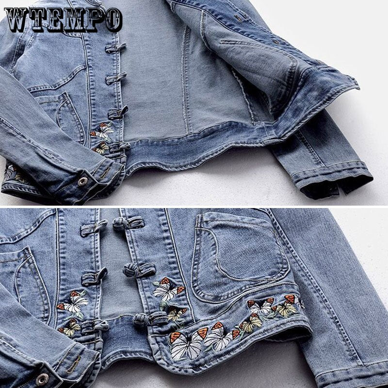 Short Denim Jacket Vintage Chinoiserie Embroidered Stretch Jacket Women&#39;s Spring and Autumn All Match Fashion Harajuku Slim Tops