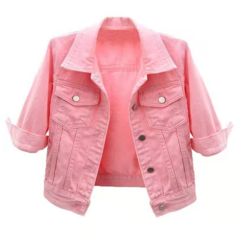 Women Denim Jacket Spring Autumn Short Coat Pink Jean Jackets Casual Tops Purple Yellow White Loose Tops Lady Outerwear Howdfeo