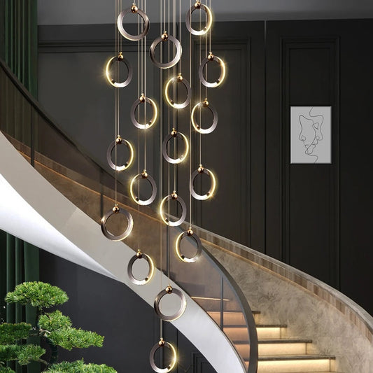 Pendant Staircase LED Attic Villa Living Room Ceiling Pendant Lights 2023 Designer Lamp Nordic Long Annular Staircase Chandelier
