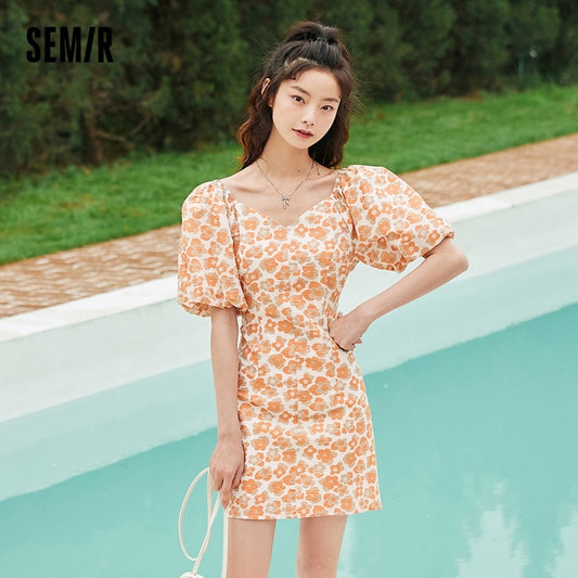 SEMIR Dress Women Puff Sleeves V-Neck Short Dress Romantic 2022 Summer New Yellow Texture Floral Dresses French Style