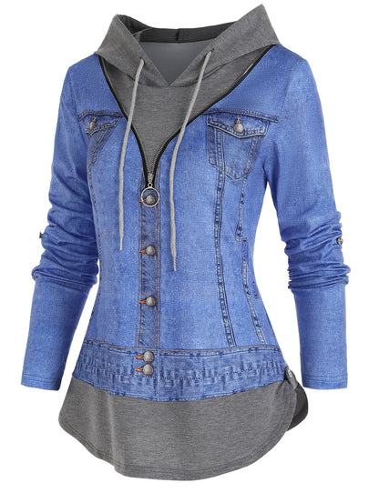 Casual Denim Jacket 3D Print O Ring Zipper Hooded Faux Twinset T Shirt Women False Two Piece Long Sleeve Tee