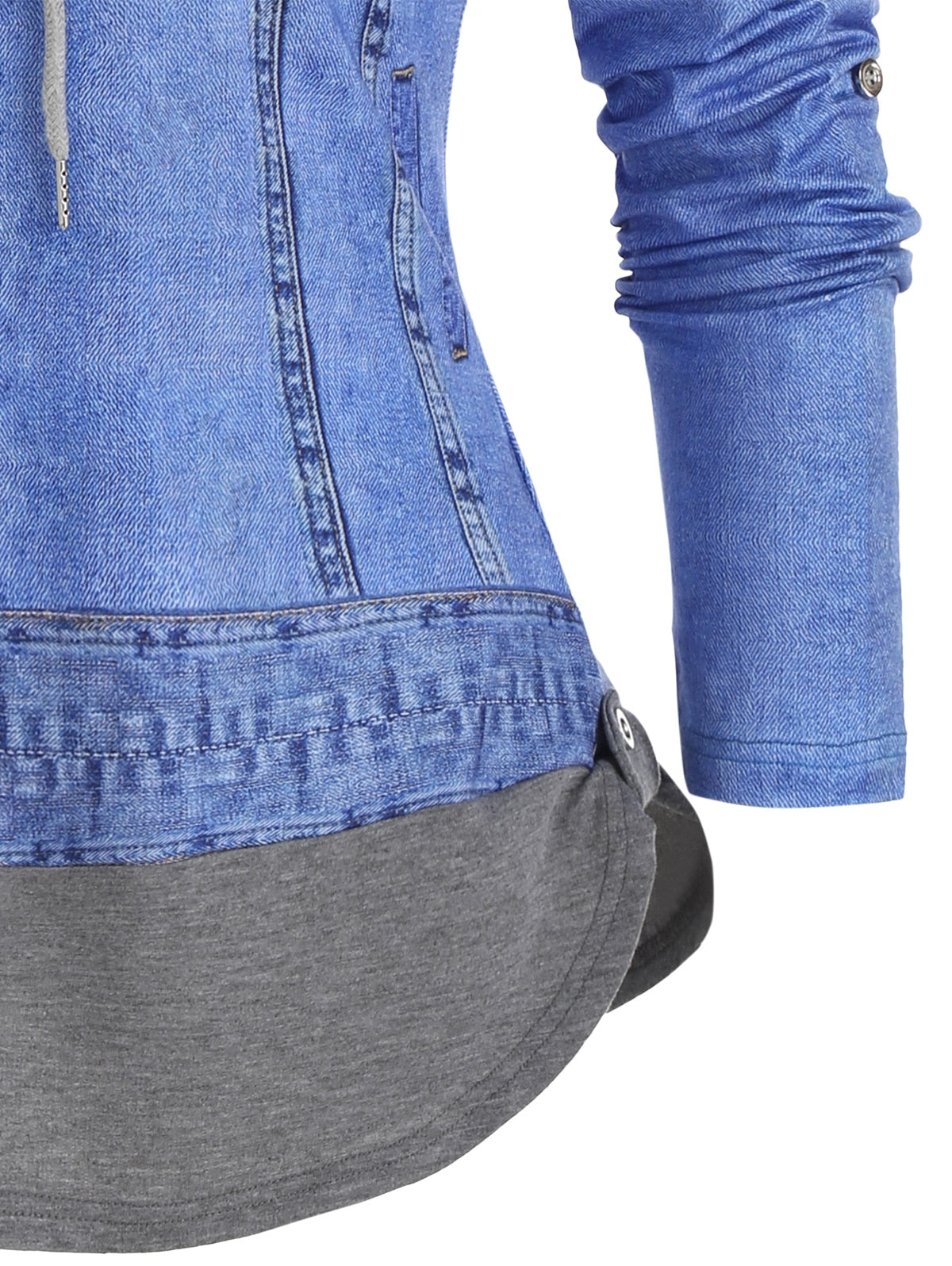 Casual Denim Jacket 3D Print O Ring Zipper Hooded Faux Twinset T Shirt Women False Two Piece Long Sleeve Tee