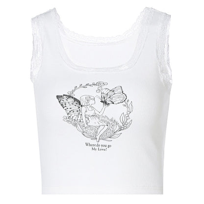 PixieKiki Cartoon Printed Lace Trim White Crop Top Fairy Grunge Summer Clothes for Women Cute Slim Fit Ribbed Tank Tops P95-BC12