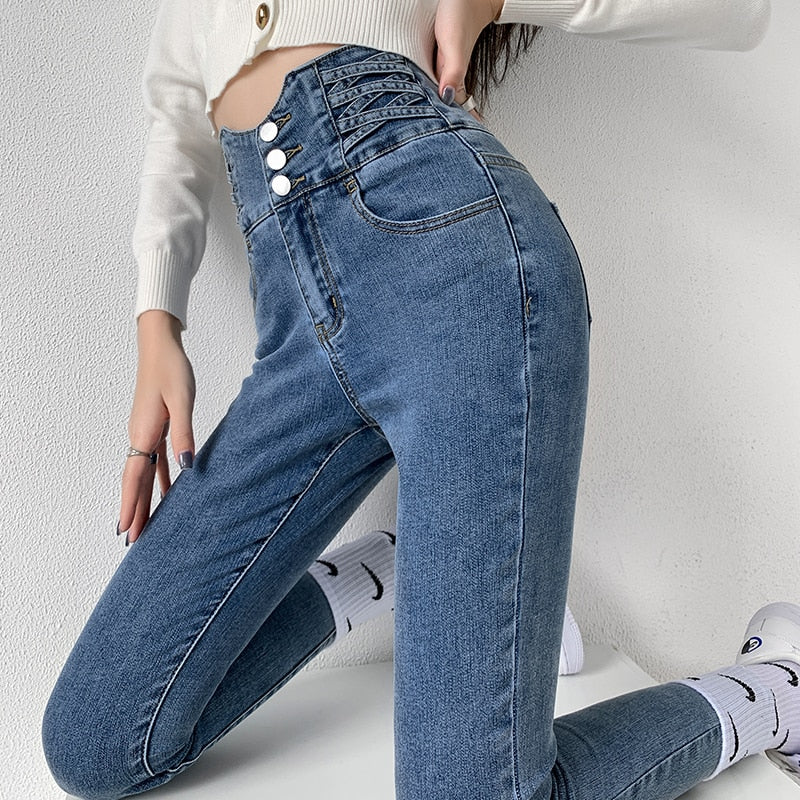 ZOENOVA  Skinny Pencil Jeans Four Buttons Vintage High Waist Women Slim Stretch Denim Pants Tight Trousers 2022 Women&#39;s Pants