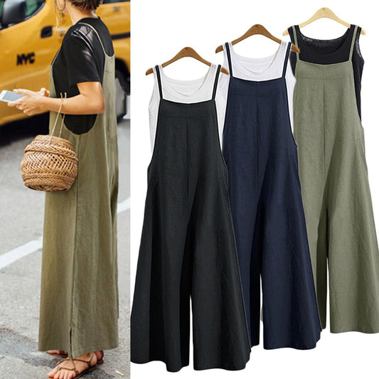 Casual Loose Jumpsuit Women Summer Solid Cotton Linen Straps Wide Leg Pants Dungaree Bib Overalls Sleeveless Oversized Jumpsuits