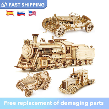 Robotime Rokr Wooden Mechanical Train 3D Puzzle Car Toy Assembly Locomotive Model Building Kits for Children Kids Birthday Gift