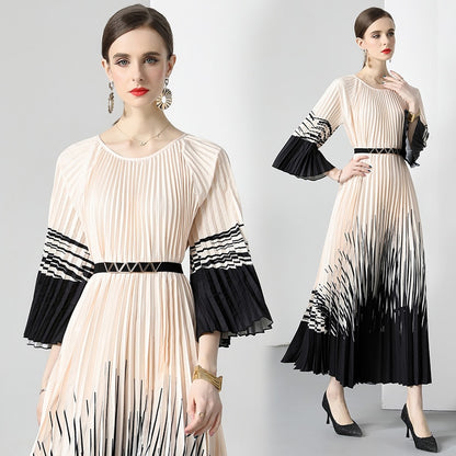 Miyake New Summer Pleated Long Dress Women O-Neck Lace-up Belt Print Loose Large Size Vintage Party Party Maxi Dress 2023