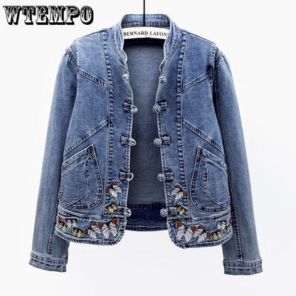 Short Denim Jacket Vintage Chinoiserie Embroidered Stretch Jacket Women&#39;s Spring and Autumn All Match Fashion Harajuku Slim Tops