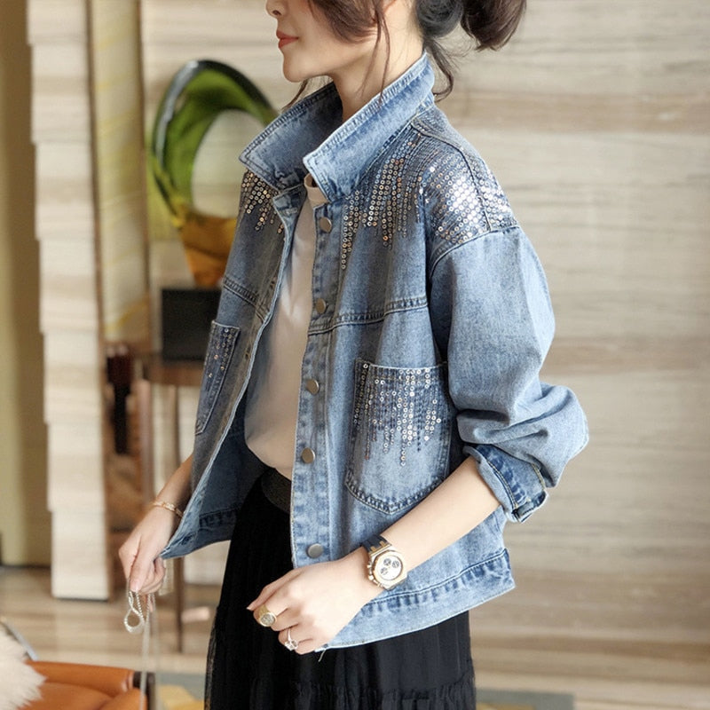 Blue Short Sequin Pocket Denim Jacket Women's Casual Denim Spring Autumn New Loose Fashion Jeans Jacket Women Long Sleeve Coat