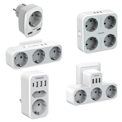 TESSAN Multi Outlets Power Stirp with Outlet and USB Ports, EU Wall Socket Power Adapter with Overload Protection for Home