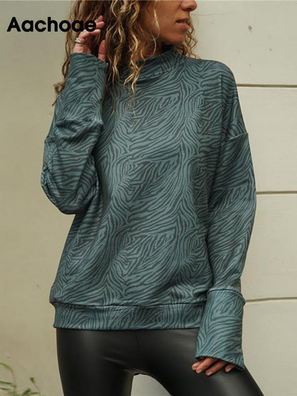 Aachoae 2022 Zebra Print Womens Tops And Blouses Casual Knitted Shirt Stand Collar Long Sleeve Ladies Blouse Top Blusa Mujer