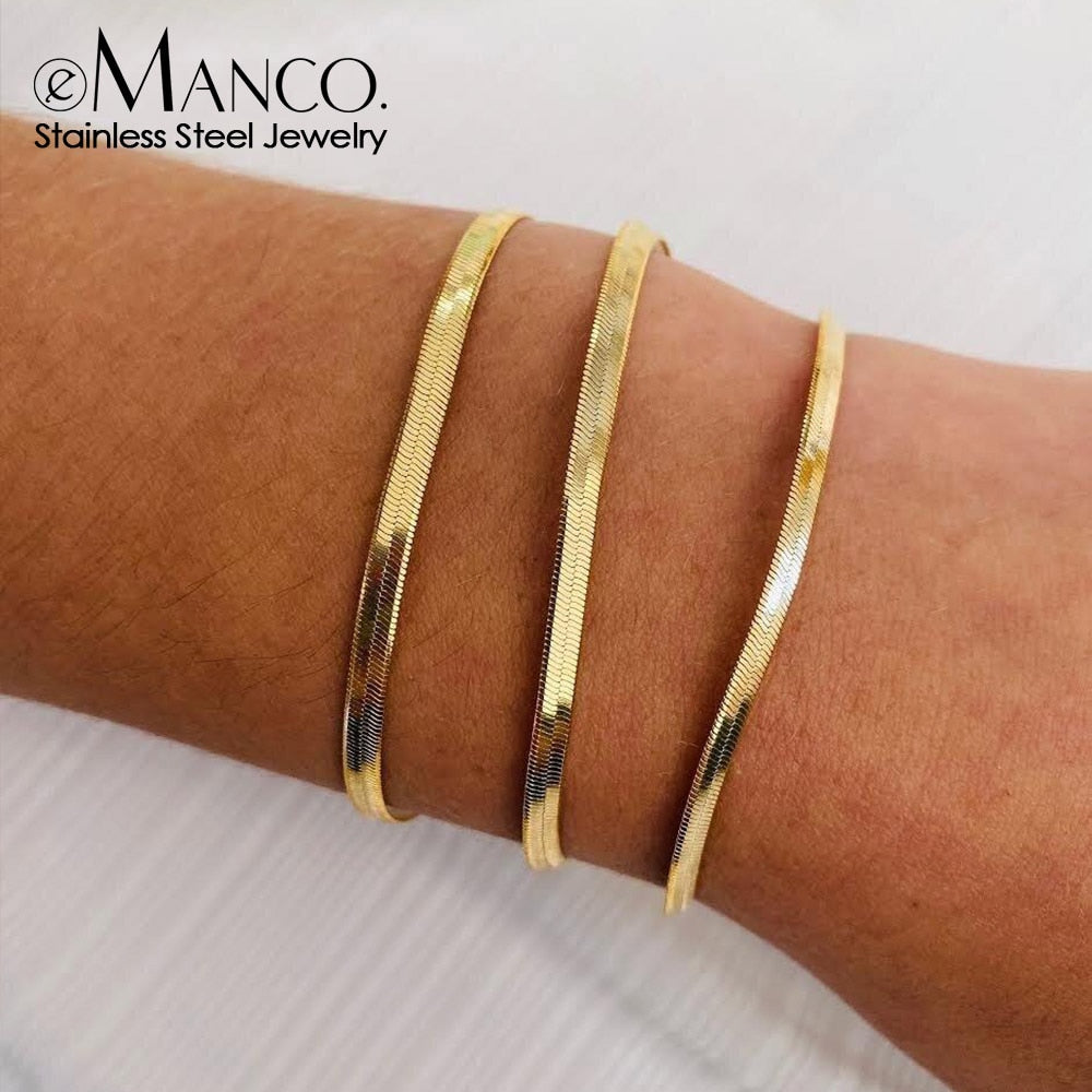eManco Women Trend Classic Snake Chain Bracelet Gold Color Width 3/4/5MM Stainless Steel Chain Bracelet For Women Jewelry Gift