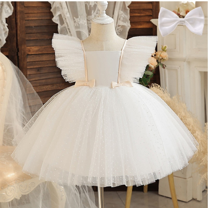 12M Baby White Baptism Dress Girl Ruffle Sleeve Birthday Princess Tutu Gown Flower Girl Wedding Party Dress 1st Communion Cloth