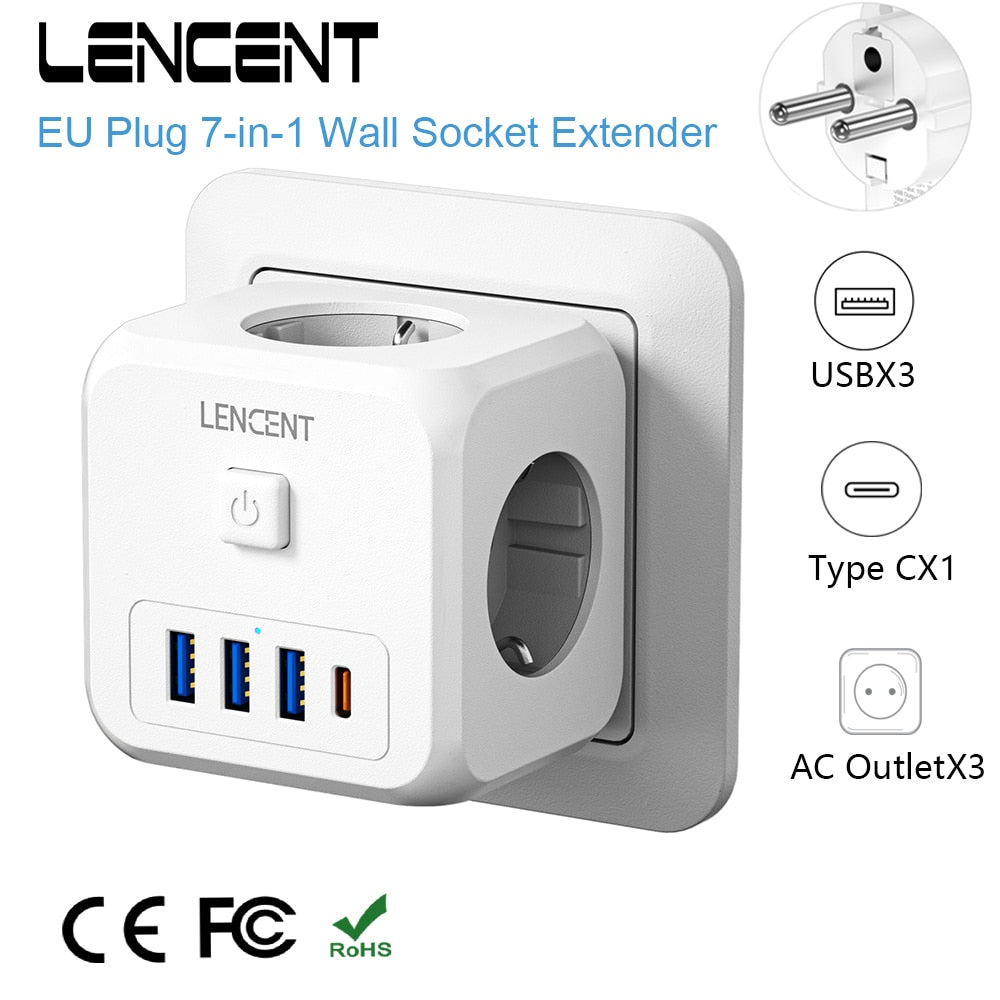 LENCENT EU Plug Power Strip with  3 AC Outlets +3 USB Charging Ports+ 1 Type C 5V 2.4A  Adapter 7-in-1 Plug Socket On/Off Switch