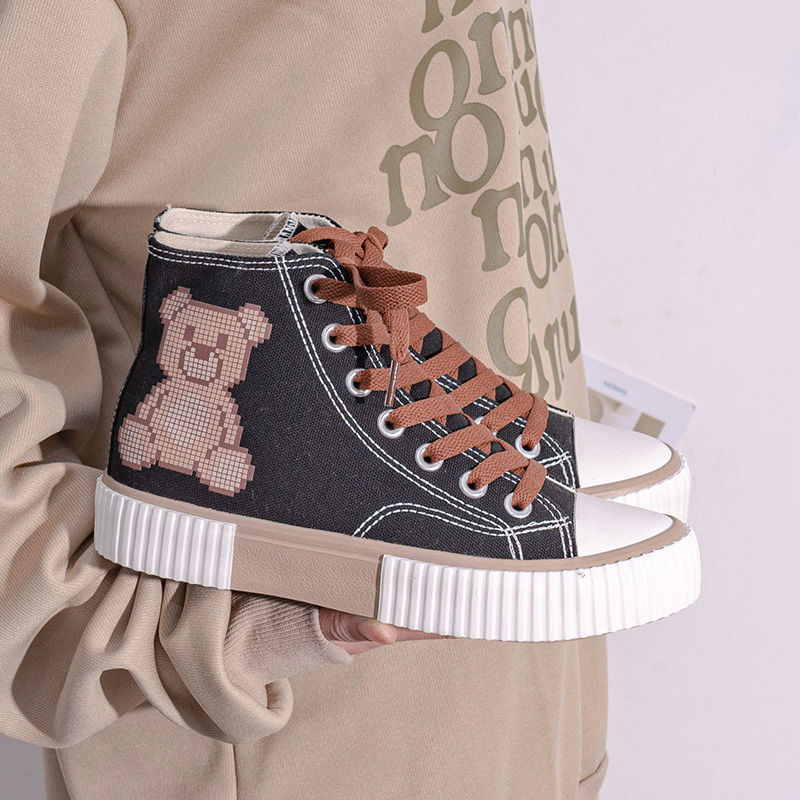 Bear Canvas Sneakers 2022 Fashion Print Woman Flats Autumn Students Daily Wear Casual Korea Style Cartoon Ladies Footwear