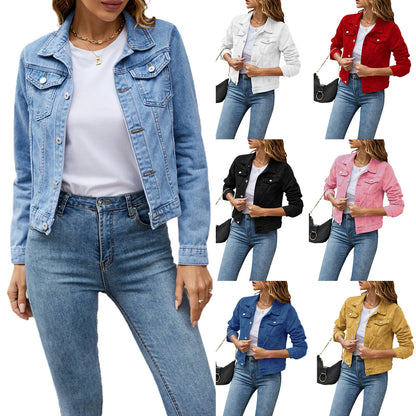Women&#39;s Denim Jackets Fashion Female Casual Long Sleeve Lapel Solid Button Down Chest Pocket Slim Jean Jacket Fall Winter Coat