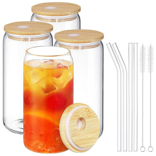 360/480ml 4Pcs Glass Cup With Lids and Straws Reusable Coke Cup Glasses for Juice Beer Can Cold Brew Coffee Bar Glasses Cups