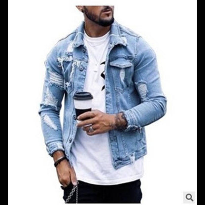 Men&#39;s Denim Jacket Ripped Irregular Wash Jacket Men&#39;s