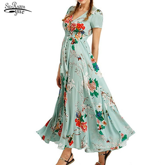 Casual Vacation Bohemian Half Short Sleeve Dress Vintage V-Neck Loose Long Printed Dress Elegant 5XL Pleasure Dress Women 19138