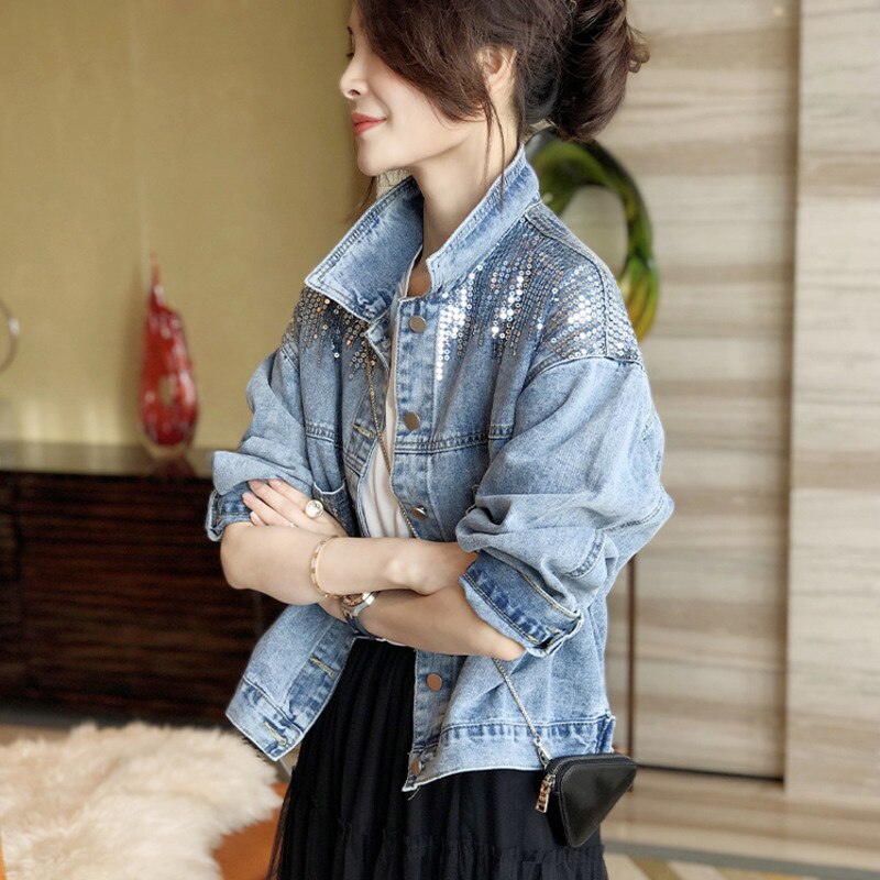 Blue Short Sequin Pocket Denim Jacket Women's Casual Denim Spring Autumn New Loose Fashion Jeans Jacket Women Long Sleeve Coat