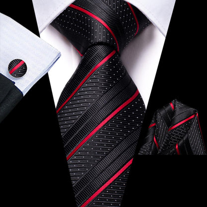 Black Red Striped Silk Wedding Tie For Men Handky Cufflink Gift Men Necktie Fashion Business Party Dropshiping Hi-Tie Designer