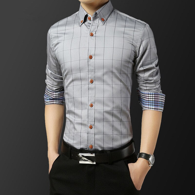Korean-Style Shirt Men's Slim Fit Plaid Shirt Men's Long-Sleeved Shirt Business Casual Party Formal Dress For Job Interview