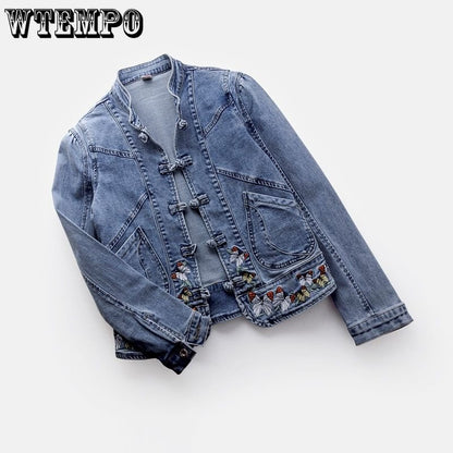 Short Denim Jacket Vintage Chinoiserie Embroidered Stretch Jacket Women&#39;s Spring and Autumn All Match Fashion Harajuku Slim Tops