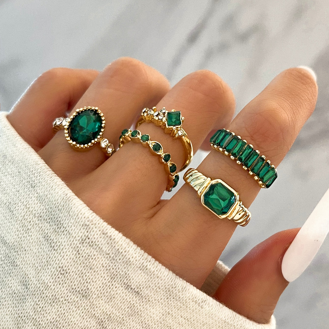 Aprilwell 5Pcs Green Crystal Rings Set for Women Gold Plated Vintage Aesthetic Geometric Luxury Anillos Lady Jewelry Gifts Bague