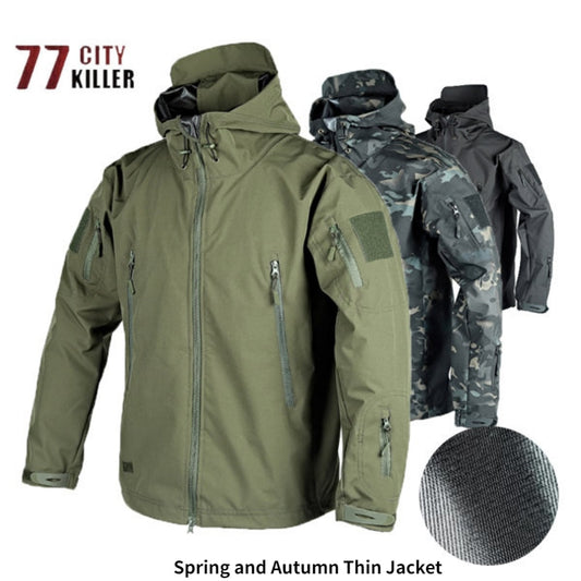 Spring and Autumn Thin Shark Skin Jacket Men&#39;s Hooded Multi Pocket Zipper Tactical Coat Men Outdoor Special Forces Combat Jacket