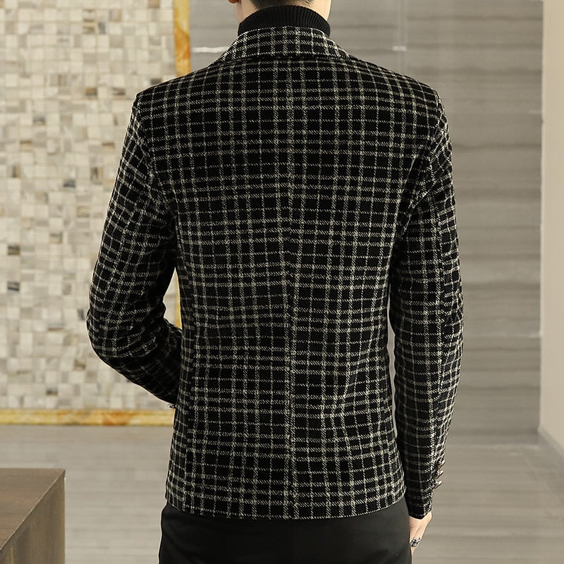 Men&#39;s Blazer Autumn Winter New Crystal Velvet Thickened Suit Jacket Men&#39;s Young Handsome Plaid Coat Business Casual Men Clothing