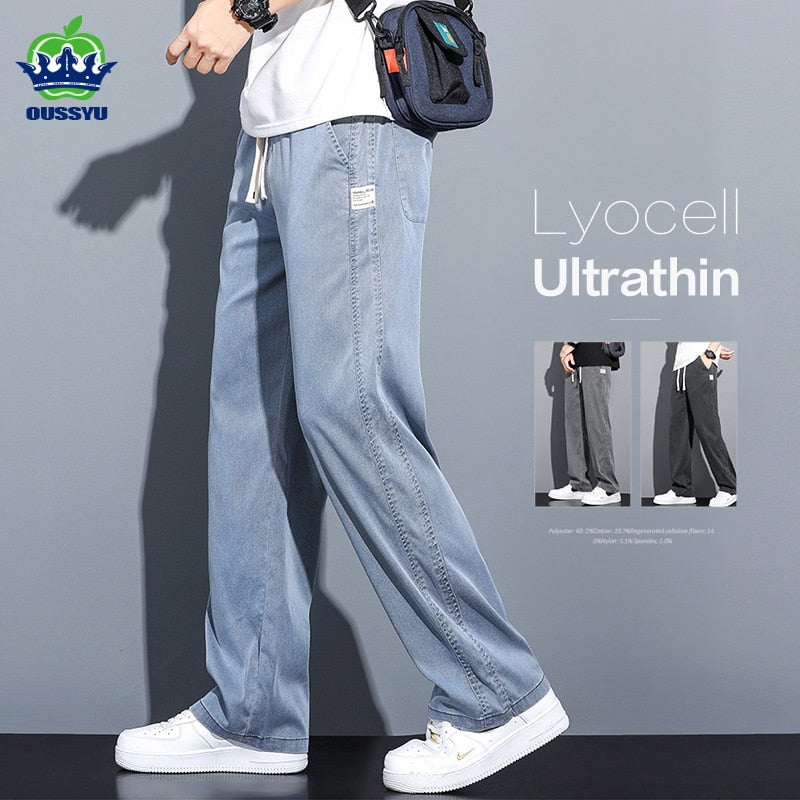 Summer Soft Lyocell Fabric Men&#39;s Jeans Thin Loose Straight Pants Drawstring Elastic Waist Korea Casual Trousers Plus Size M-5XL